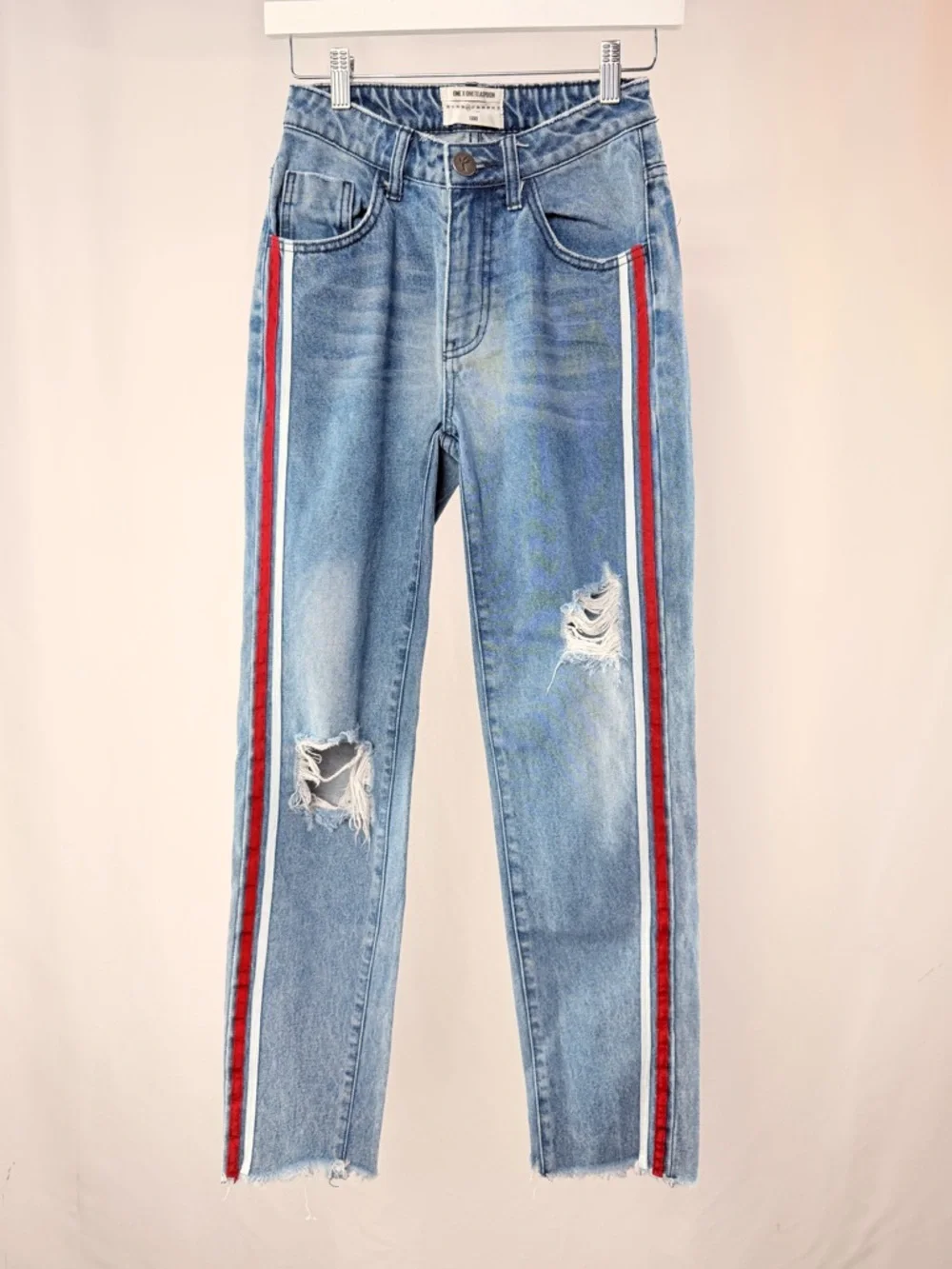 One x One Teaspoon Straight Leg Jeans with Red &‎ White Side Stripes Size 26